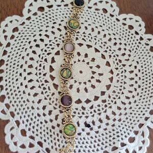 Vintage Ornate Faux Tiger Eye Abalone Link Crecelet, Gold  Multicolor Bracelet